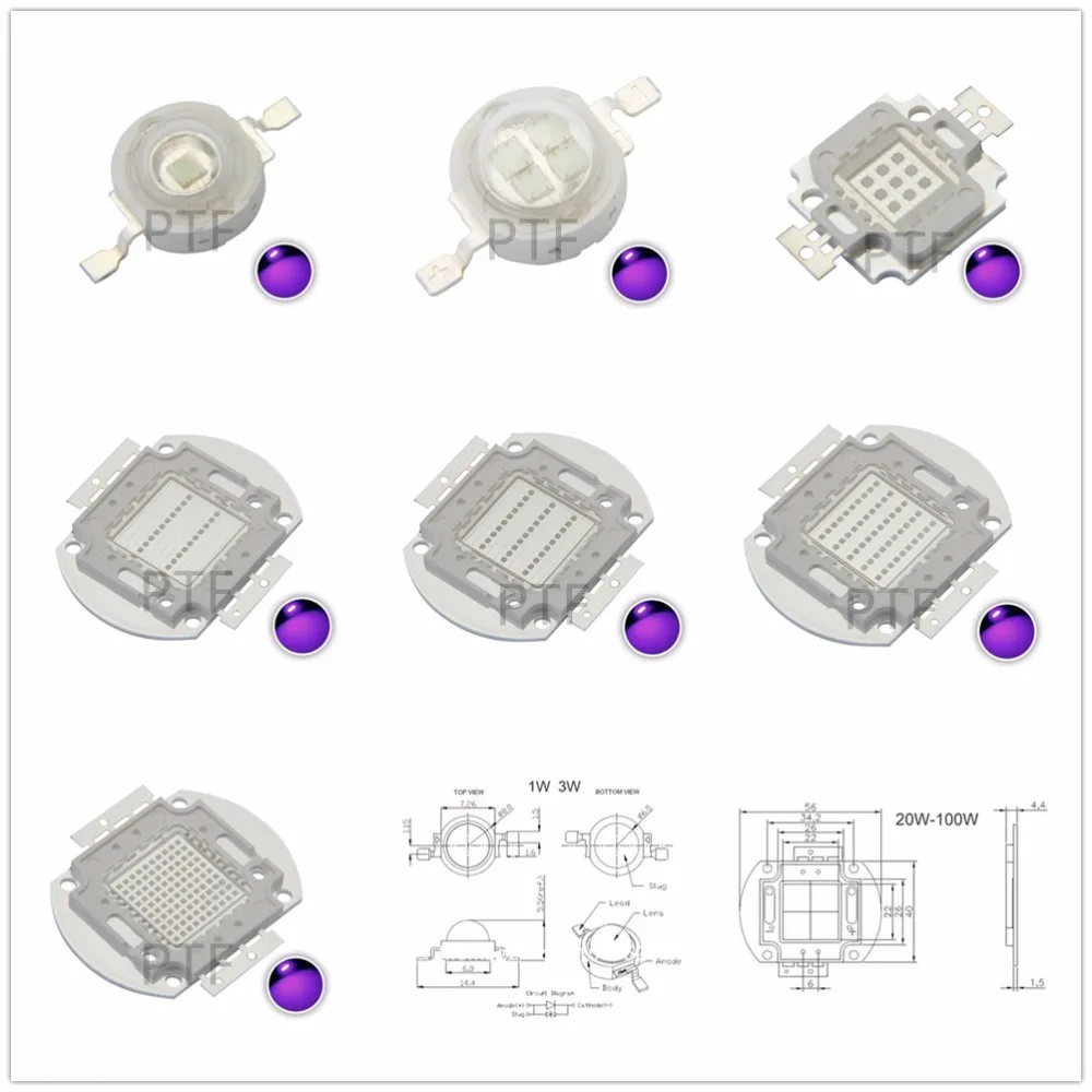 

UV Purple LED integrated chips 365Nm 375Nm 385Nm 395Nm 405Nm 420nm High Power COB Ultraviolet Lights 3/5/10/20/30/50/100 Watt