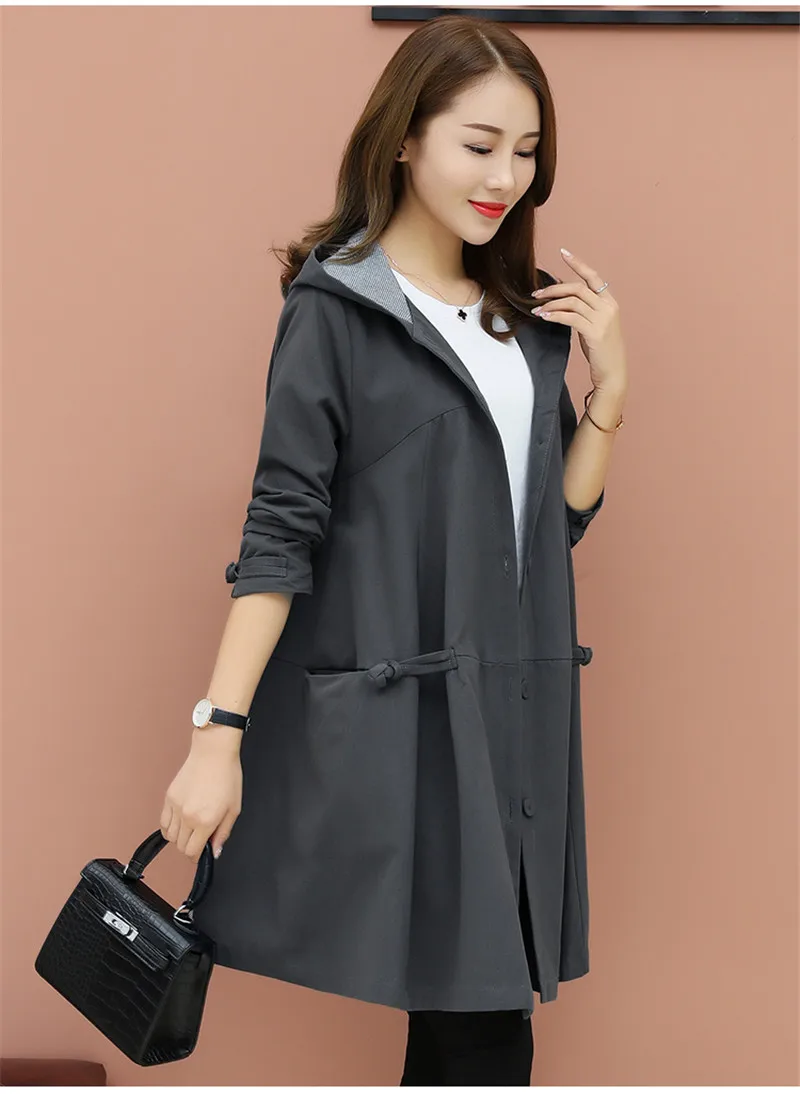 Женский Тренч с капюшоном, корейский стиль, весна-осень размера плюс, длинное женское пальто, свободная верхняя одежда, Женская ветровка, 3XL, AA667