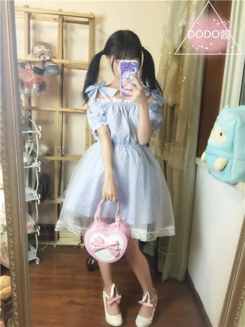 

2WAY Lolita Girls Suspender Off Shoulder Dress Sky Blue Floral Double Layer Organza Fairy Kei