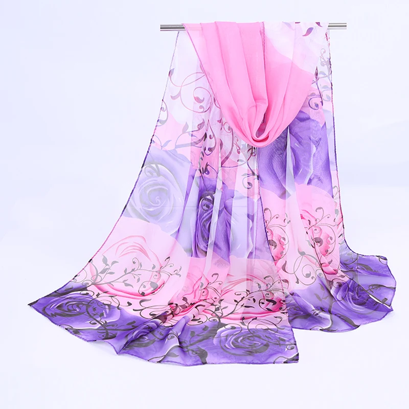 1PC Hot Fashion thin Shawl turban Scarf Chiffon Rose print Hijab Neck Warmer Silk Scarf Women Girls Cape 50*160 Long Headband