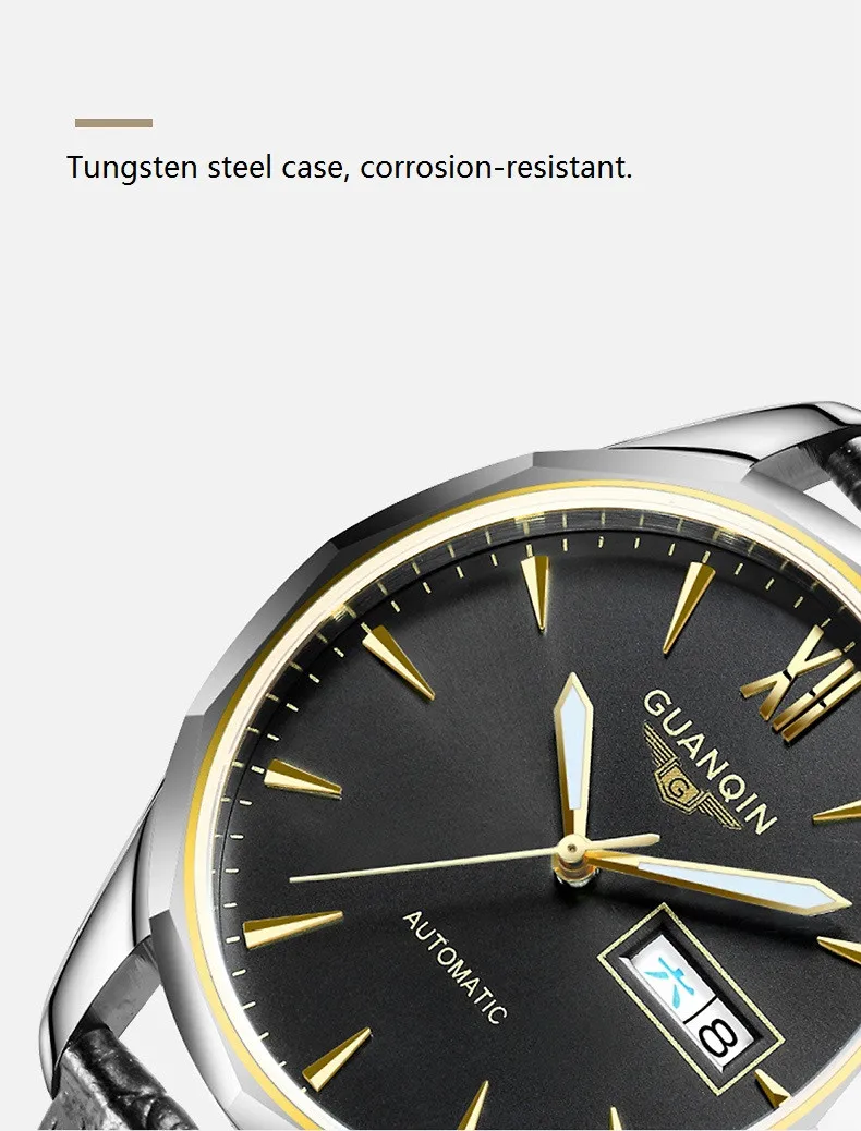 GUANQIN Luminous Men Watch Automatic Mechanical Tungsten Steel Watches Date Calendar Japanese Movement Watch with Leather Strap (8)