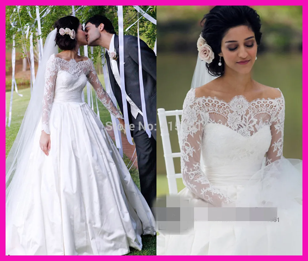 

Romantic White Off the Shoulder Long Sleeve Bridal Dresses 2015 A Line Lace Wedding Gowns W3304