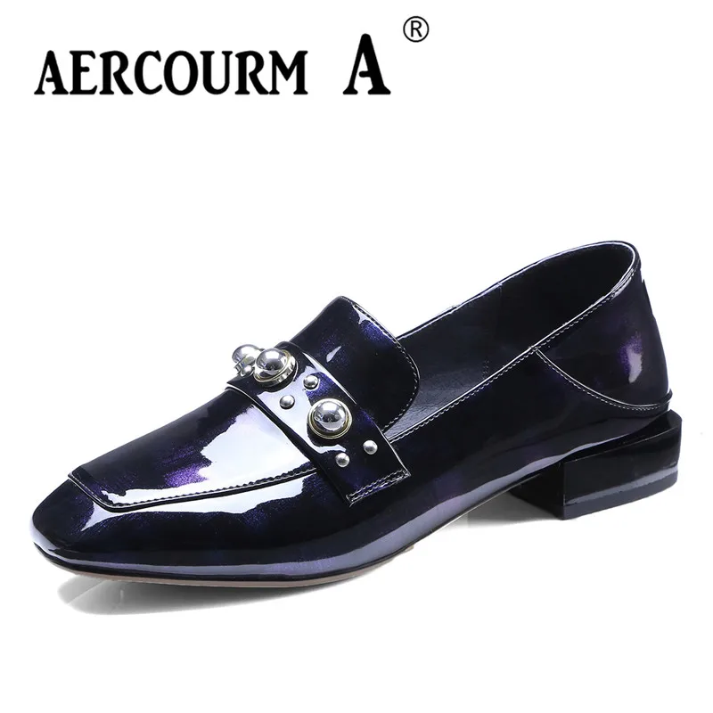 

Aercourm A 2018 Spring Autumn Women Pumps Square Toe Fashion Patent Leather Shoes Square Heel Black Brown Low Heels Shoes DTN15