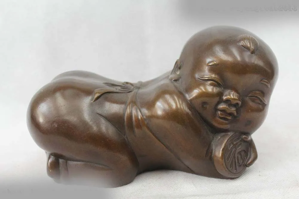 

4"China Chinese Folk Bronze Beautiful Lucky happiness Knees Boy Statue