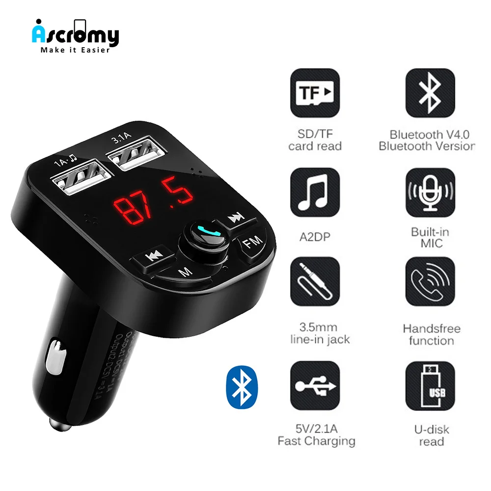 

Ascromy Car MP3 Music Player Bluetooth Handsfree FM Transmitter LCD App Support USB Car Charger for iPhone 7 Samsung Smartphone