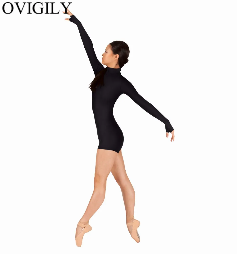 OVIGILY Adults Long Sleeve Mock Neck Shorty Unitard with Thumbholes Womens Black Gymnastics Unitards Dancewear Biketards Rompers