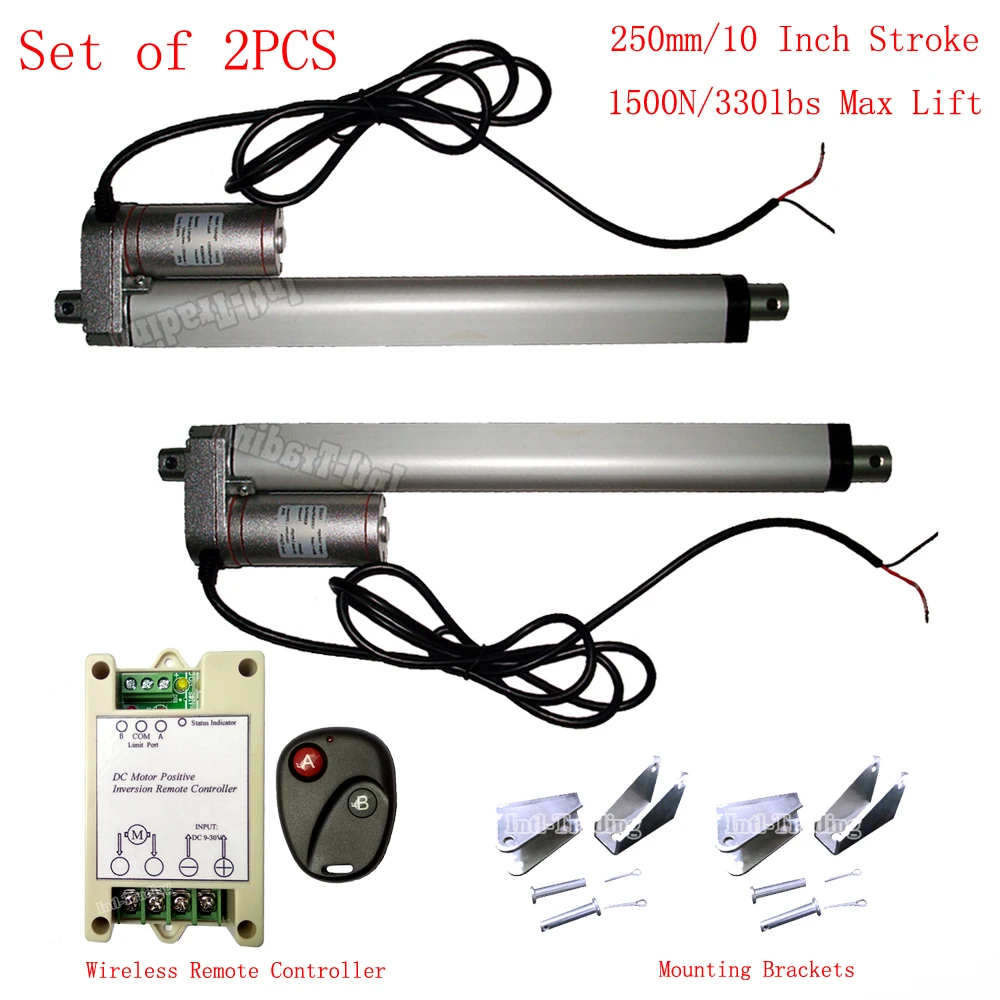 2 Dual Linear Actuators 10" Stroke 1500N/330lbs 12Volt DC Motor
