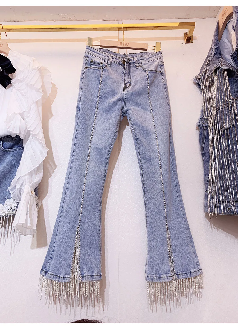 Джинсы Для женщин Мода Высокая талия высокое качество бусин с бахромой ковбойские джинсовые штаны flare Джинсы
