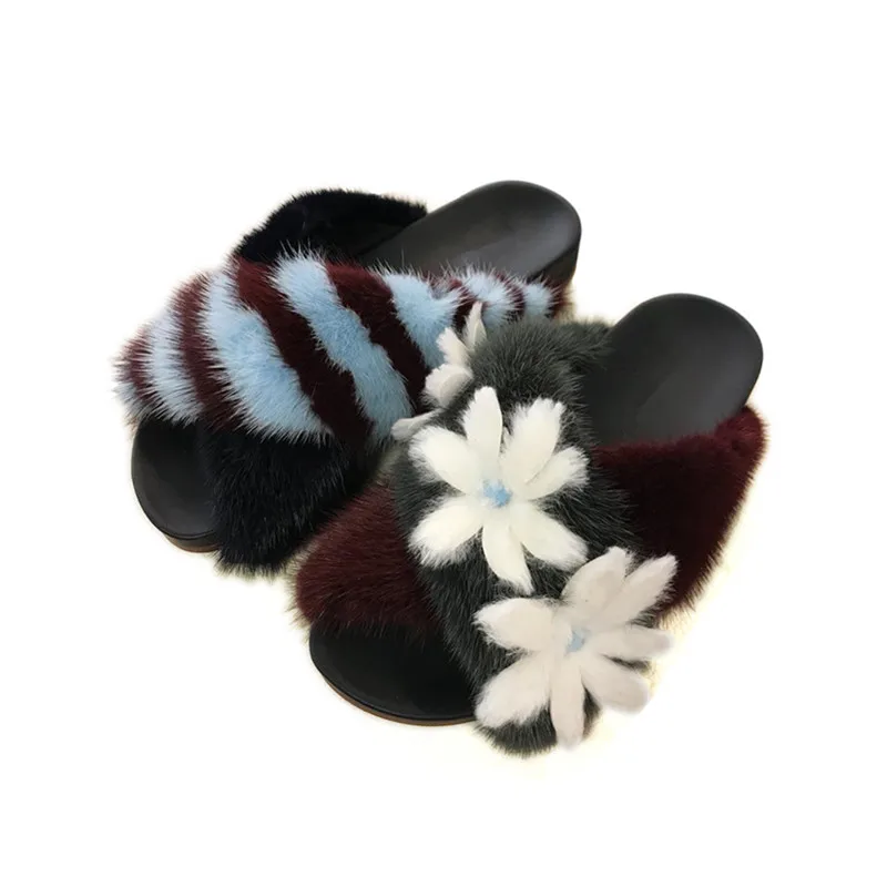 

Fur Slippers Autumn Fashion Appliqued Rabbit fur Flower Decor Mixed Color Natural Fur Slides