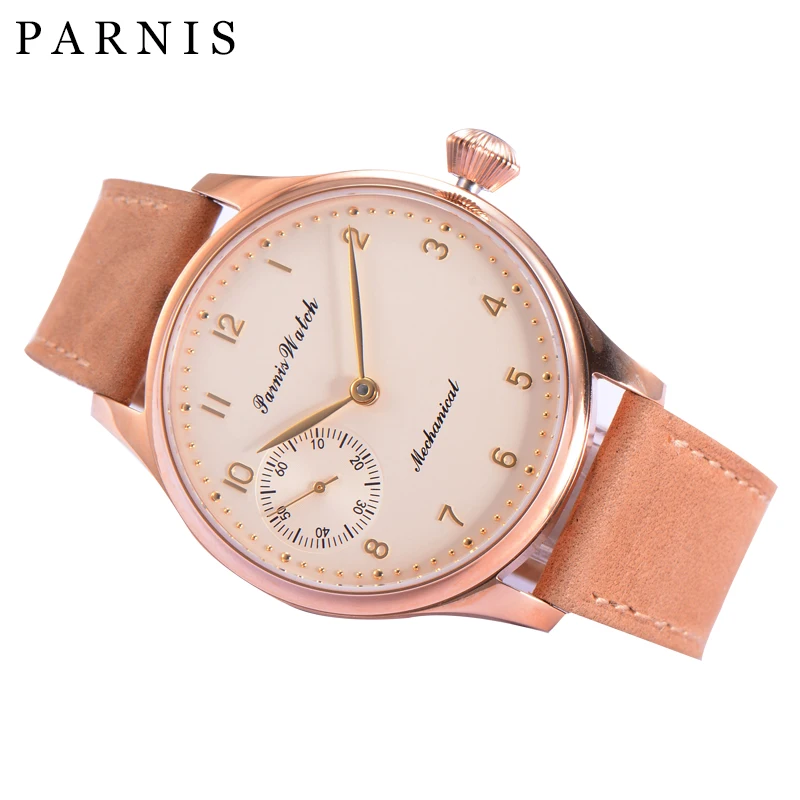 

Fashion Parnis 44mm Rose Gold Case Mechanical Hand Wind Men's Watches Leather Strap Hand Winding Men Luxury Watch Man Clock Gift