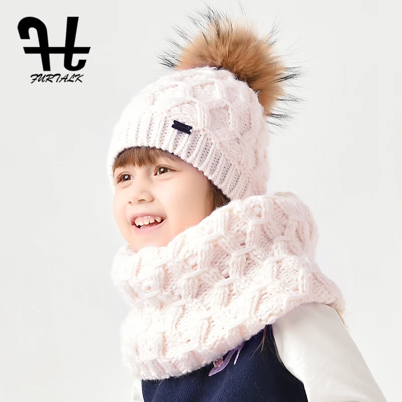 

FURTALK Wool Kids Hat and Scarf Set Winter Girls Boys Beanie Real Fur Pom Pom Hats and Scarf for Age 2-8 years Child Wool Cap