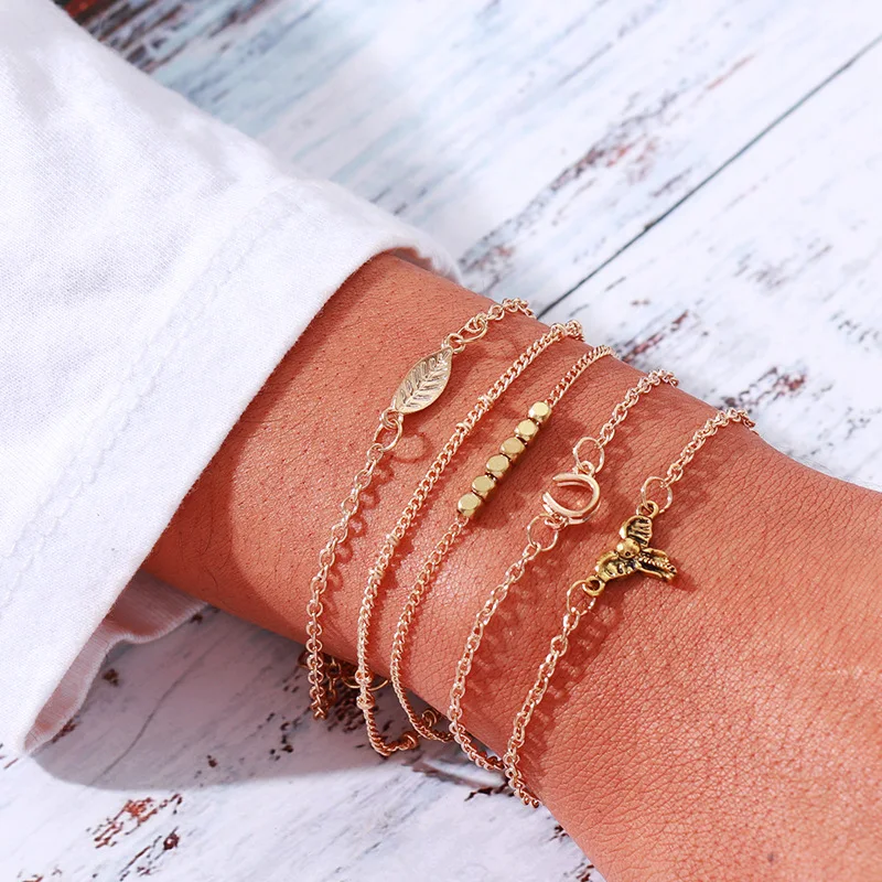 

5pcs/set 2019 New Minimalist Leaf Cubic Beads Elephant Charm Gold Chain Bracelets Set Female's Vintage Bracelet Set Boho Jewelry