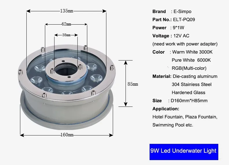 12w underwater led light Fountain RGB waterproof led light ip68 for swimming pool DC 12V High quality