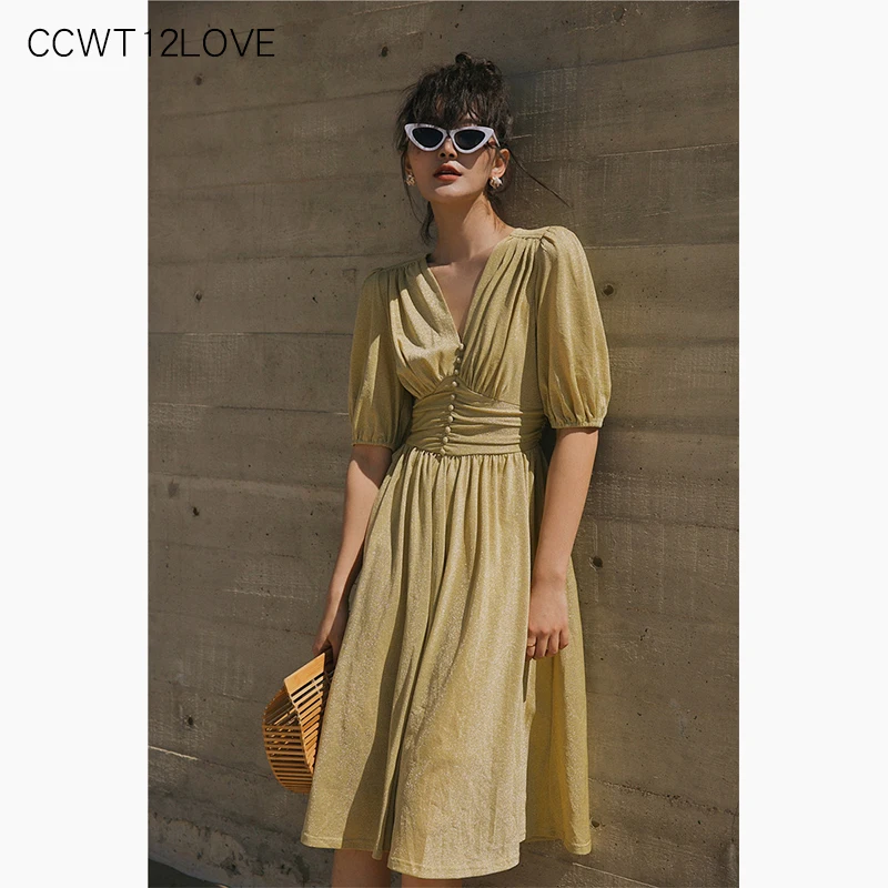 

Vintage Elegant Dresses 2019 Short Sleeve A Line Summer Cotton Dress Women French Style Slim V Neck Knee Length Dress Yellow