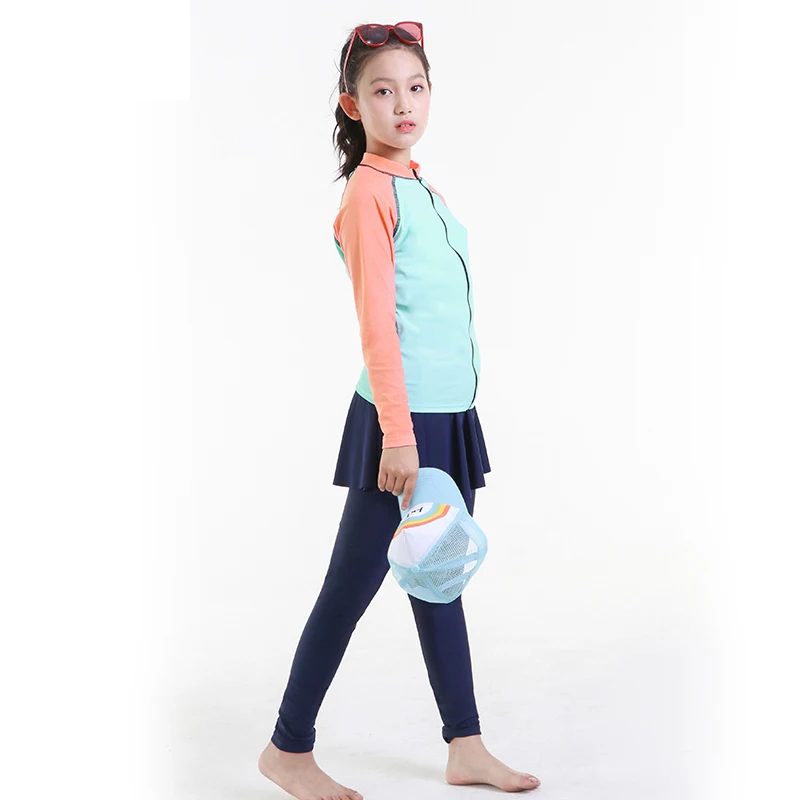 

2019 New Girls Swimsuit Two Pieces Beachwear Children Swimwear Long Sleeve Skirt Bathing Suit Big Girls Swimsuits 10-15 Years