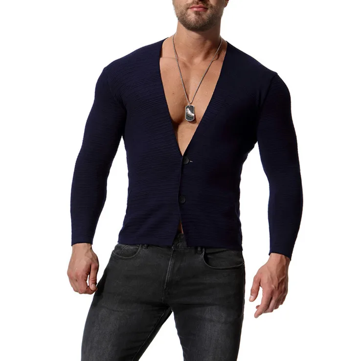 Мужской свитер-кардиган в английском стиле, Осенний приталенный Однотонный свитер, новая мода, однобортный мужской трикотаж наивысшего качества - Цвет: Dark Blue