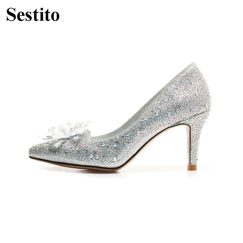 

Newest Crystal Flower Silver High Heels Pointed Toe Super High Heel Wedding Pumps Women Thin Heels Slip-on Shallow Women Shoes