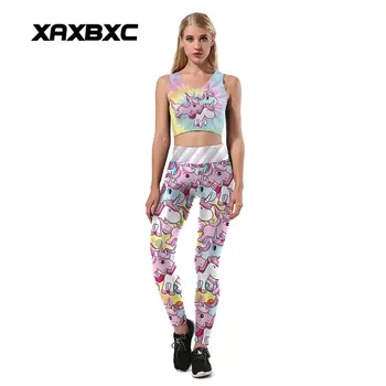 

Fashion 1140 Women Leggings Vest Fitness Set Sexy Girl Crop Top Pants Slim Suits Candy Rainbow Unicorn Cartoon Printed
