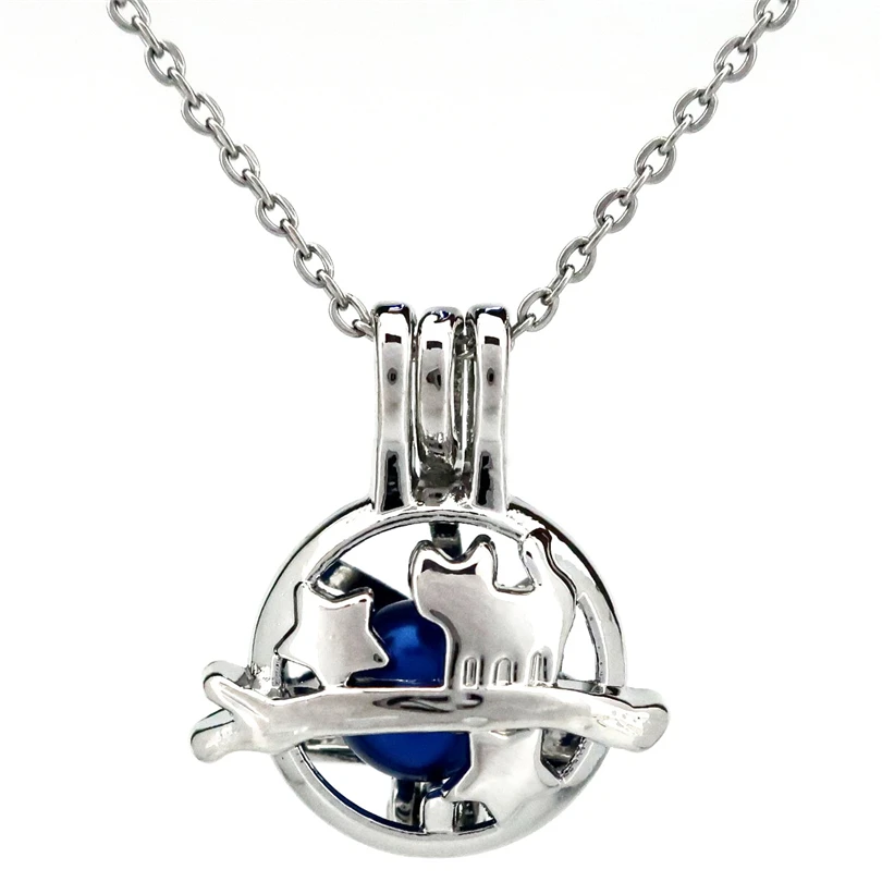 

K804 Silver Cat Star Beads Cage Pendant Pearl Aroma Essential Oil Diffuser Locket Necklace