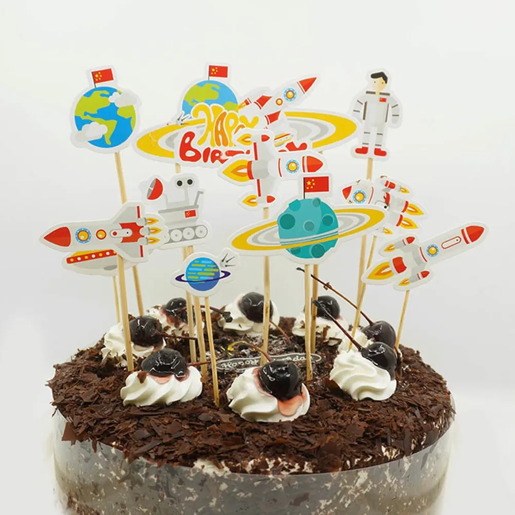 

11pcs/set Creative Spacecraft Topper Rocket Universe Collection Cake Topper With Toothpick Birthday Party Decor Dessert Gifts