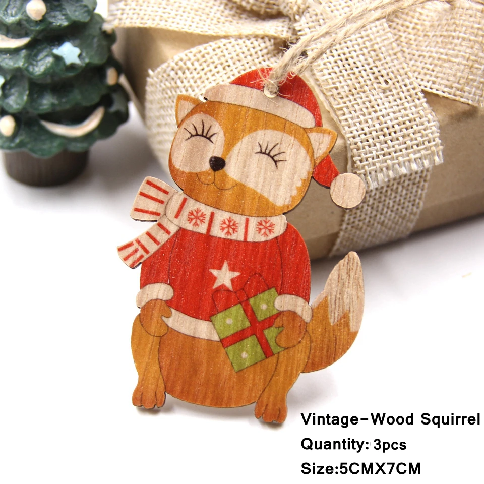 3PCS Lovely Squirrel&Angel Wooden Pendants Ornaments Christmas Wood Craft Kids Toys DIY Christmas Tree Decorations Hanging Gifts - Цвет: 3PCS V-Squirrel A