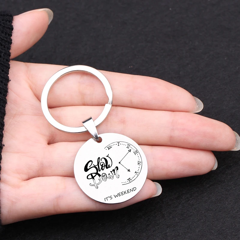 

Fashion Stainless Steel Keychain Engraved It's Weekend For Students Office Worker Trendy Gift Key Tag Key Ring Holder