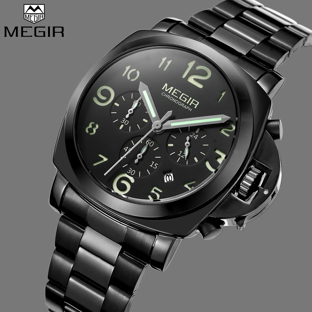 

Black Steel Watch Casual Punk Watches Man Megir Luxury Brand Sports Luminous Quartz Military Wrist Watch Men relogio masculino