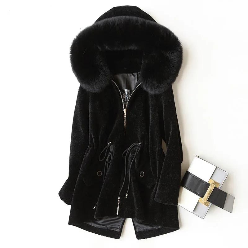 AYUNSUE, женская шуба с натуральным лисьим меховым воротником, с капюшоном,, зимняя куртка для женщин, натуральный мех ягненка, пальто, теплая верхняя одежда 17243 - Цвет: Black