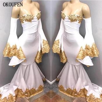 

2019 White Prom Dresses Mermaid Gold Applique Poet Sleeves Off Shoulder Special Occasion Evening Gowns vestidos de fiesta largos