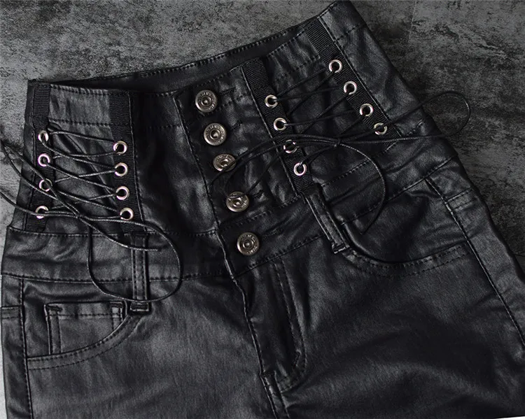 Stretch jeans stretch jeans for women's wear ultra high waist strap decorative coating leather stretch jeans PU large size (11)