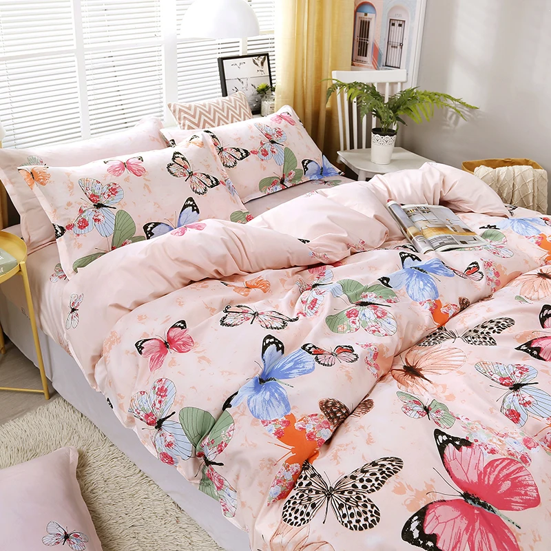 

Pink Bedding Set High Quality Butterfly Printing Bed Linings Duvet Cover Bed Sheet Pillowcases Cover Set 4pcs/set