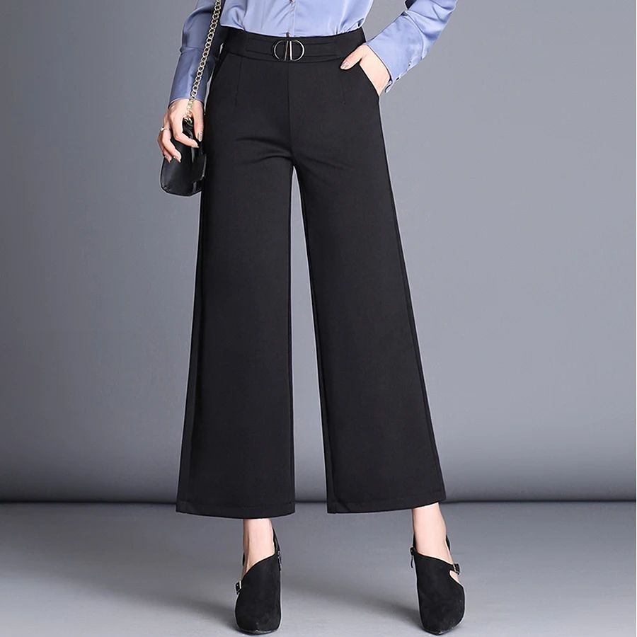 2018 Summer Autumn Black Wide Leg Pants Women Casual High Elastic Waist ...