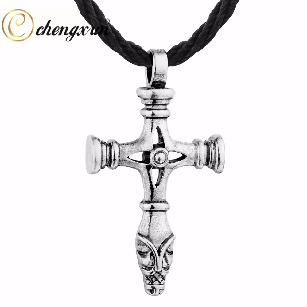 

CHENGXUN Jesus Cross Pendant Men Celtic Necklace Viking Odin's Choker Collier Black Rope Chain Statement Jewelry