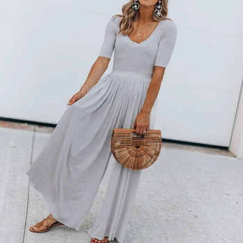 

Summer Solid Sexy V Neck Joker Pleated Loose Jumpsuits Women Short Sleeve Casual Holiday Wide Pants Romper Overalls Jumpsuits
