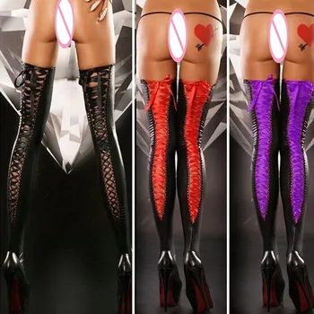 

Women New Sexy Women Stockings Comfortable Over Knee Thigh-high Stockings PU Lace Bow Bandage Stockings Outwear
