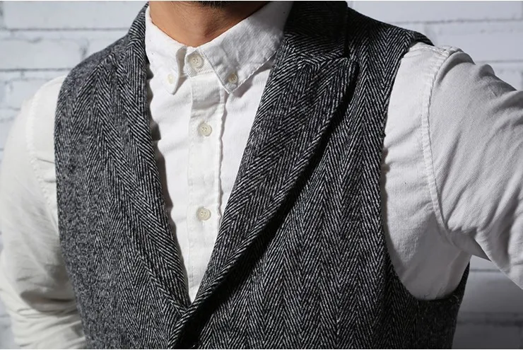 Męskie marki bez rękawów kurtka kamizelka męska garnituru moda męska brytyjski styl Slim Woolen bawełna Single breasted Vintage kamizelka -