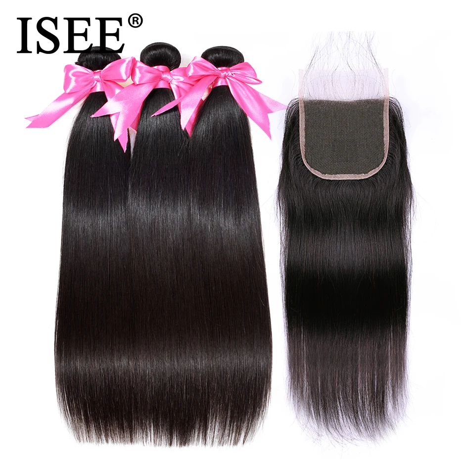 

ISEE HAIR Malaysian Straight Hair Bundles With Closure 100% Human Hair Bundles With Closure 3 Bundles Virgin Hair Extensions