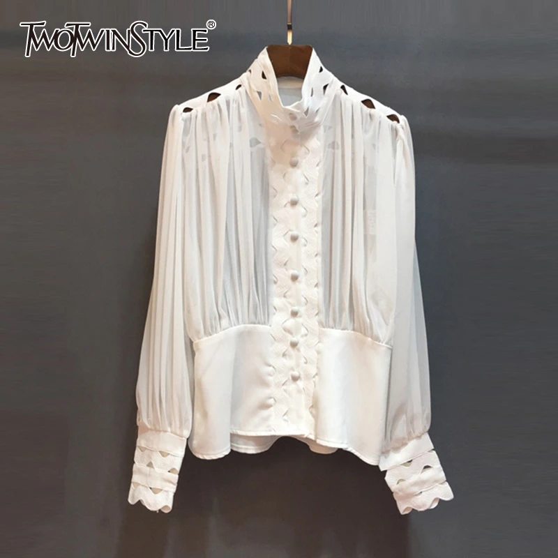 

TWOTWINSTYLE Casual Hollow Out Shirt Female Stand Collar Lantern Sleeve Tunic Ruched Fashion Woman Blouses 2019 Summer New