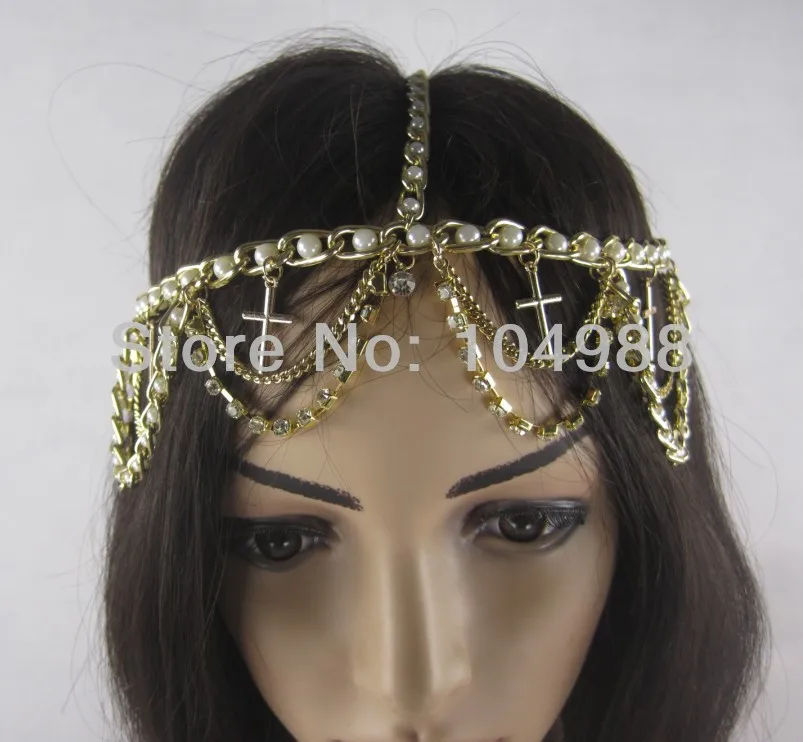 

FREE SHIPPING 2014 Style HE18 NEW FASHION PUNK IMITATION PEARLS GOLD RHINESTONES CIRCLET HEAD CHAIN NECKLACE JEWELRY