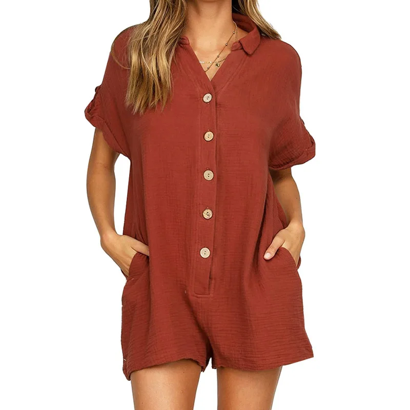 Summer Cotton Linen Cozy Playsuit Women Short Sleeve Button Rompers Casual Pockets Solid Playsuit Loose Wide Leg Sexy Jumpsuit Summer Cotton Linen Cozy Playsuit Women Short Sleeve Button Rompers Casual Pockets Solid Playsuit Loose Wide Leg Sexy Jumpsuit