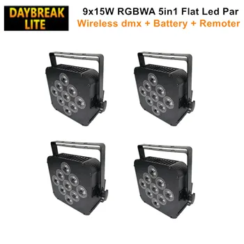 

DAYBREAKLITE 4PCS/LOT battery power supply + wireless dmx512 + remote control flat led par light slim size 9x15w RGBWA 5in1