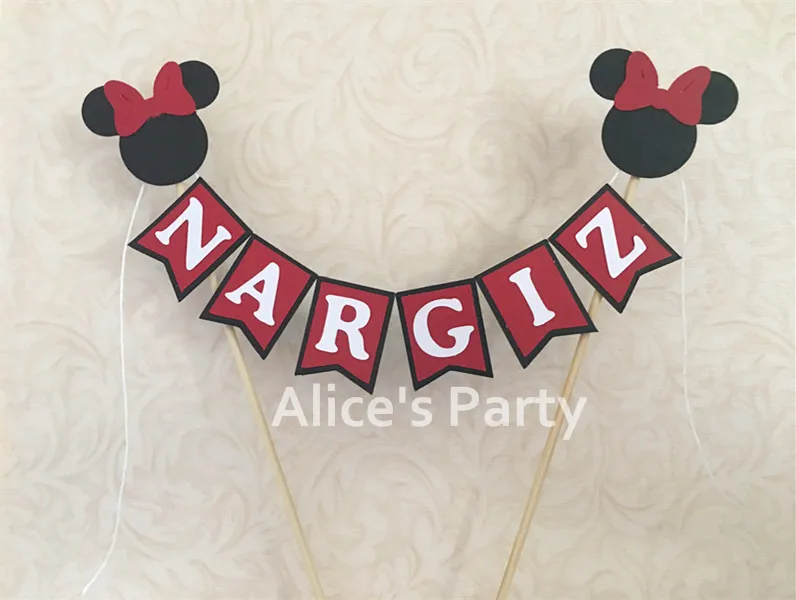 

Hot Mickey Red Minnie Mouse Party Name Cake Topper Bunting Girl Birthday Smash Cake Banner Decoration Baby shower Photo prop