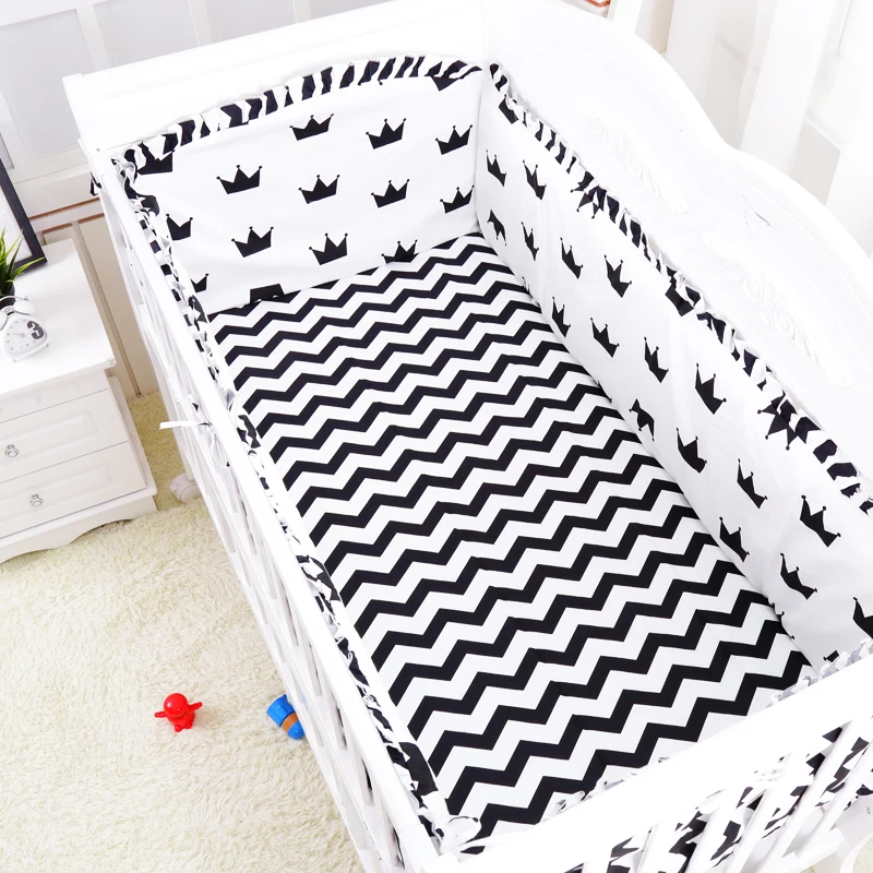 

6pcs Hot ! 100% Cotton Newborns Bed Linens Black Crown Wave Pattern Baby Cot Bedding Set Include Bumpers Bedsheet Pillowcase