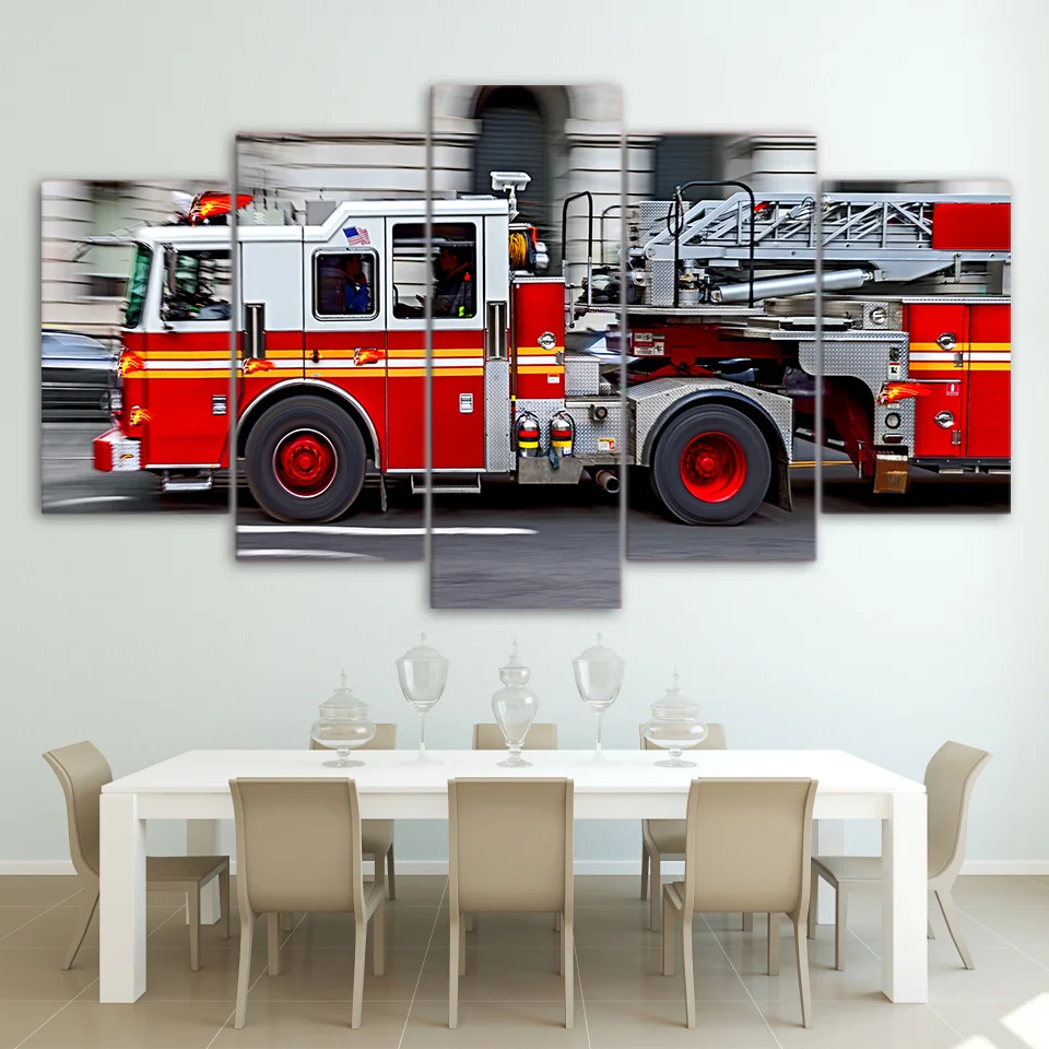 

Modular Canvas Poster Modern HD Printed Car Pictures Wall Art Framework 5 Pieces Fire Engine Painting For Living Room Home Decor
