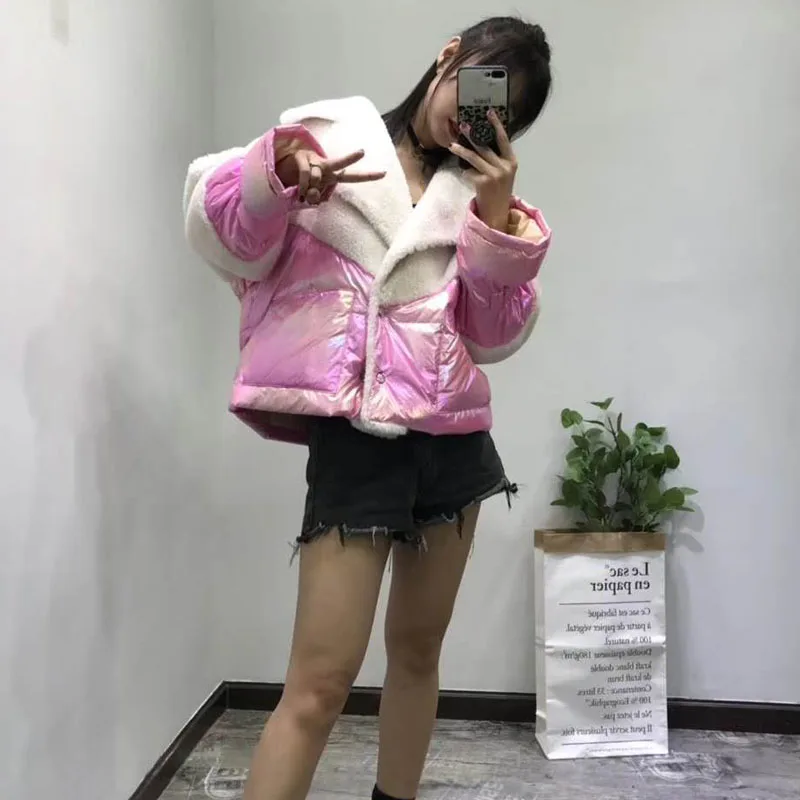 women winter clothing duck down jacket Suit collar 2019 korean harajuku real sheep fur coat wool fur parka patchwork coats