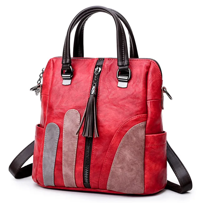 Женский многофункциональный рюкзак 3-в-1, женская мягкая натуральная кожа, сумка на плечо для девочки, Mochila, контрастная Комбинированная Дорожная сумка, рюкзак - Цвет: Red