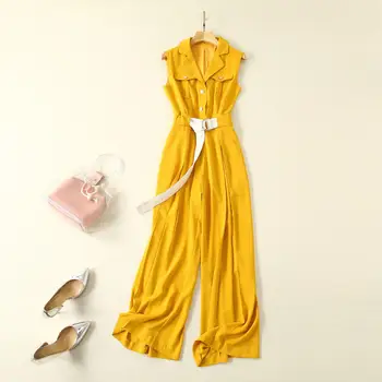 

European and American women's clothing 2019 summer new style sleeveless Suit is brought Fashion belt yellow jumpsuit