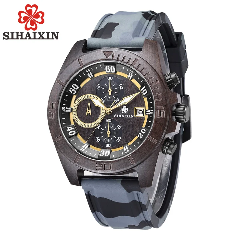 

SIHAIXIN Military Sport Wooden Watch Men with Silicone Strap Quartz Wood Wristwatch Chronograph Clock Man Waterproof 2018 New