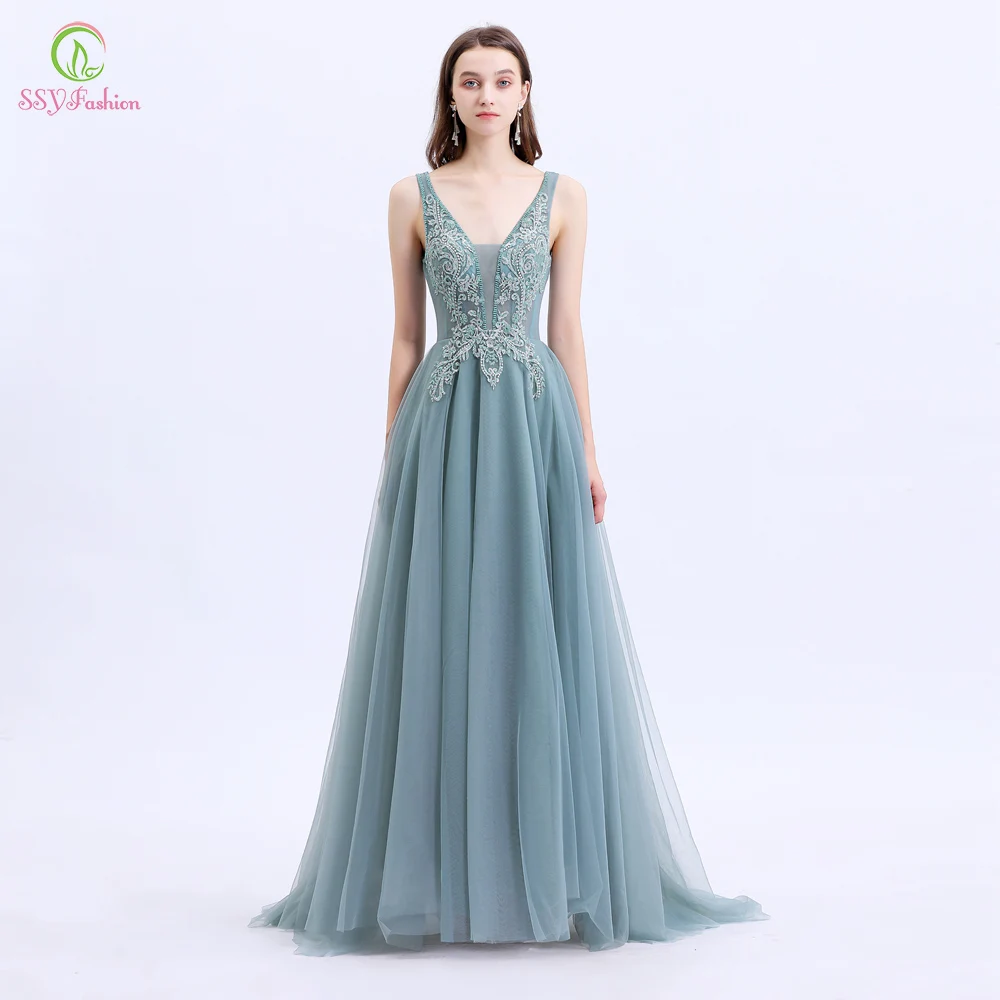 SSYFashion, новинка, Vestido De Noche, женское, для банкета, элегантное, вечернее платье, v-образный вырез, кружево, аппликация, бисер, длинные, вечерние, официальные платья - Цвет: Blue Green