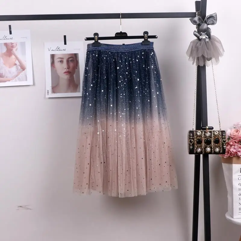 Красивая градиентная цветная длинная юбка из тюля, Женская Корейская трапециевидная плиссированная юбка с высокой талией, женская школьная юбка для девочек
